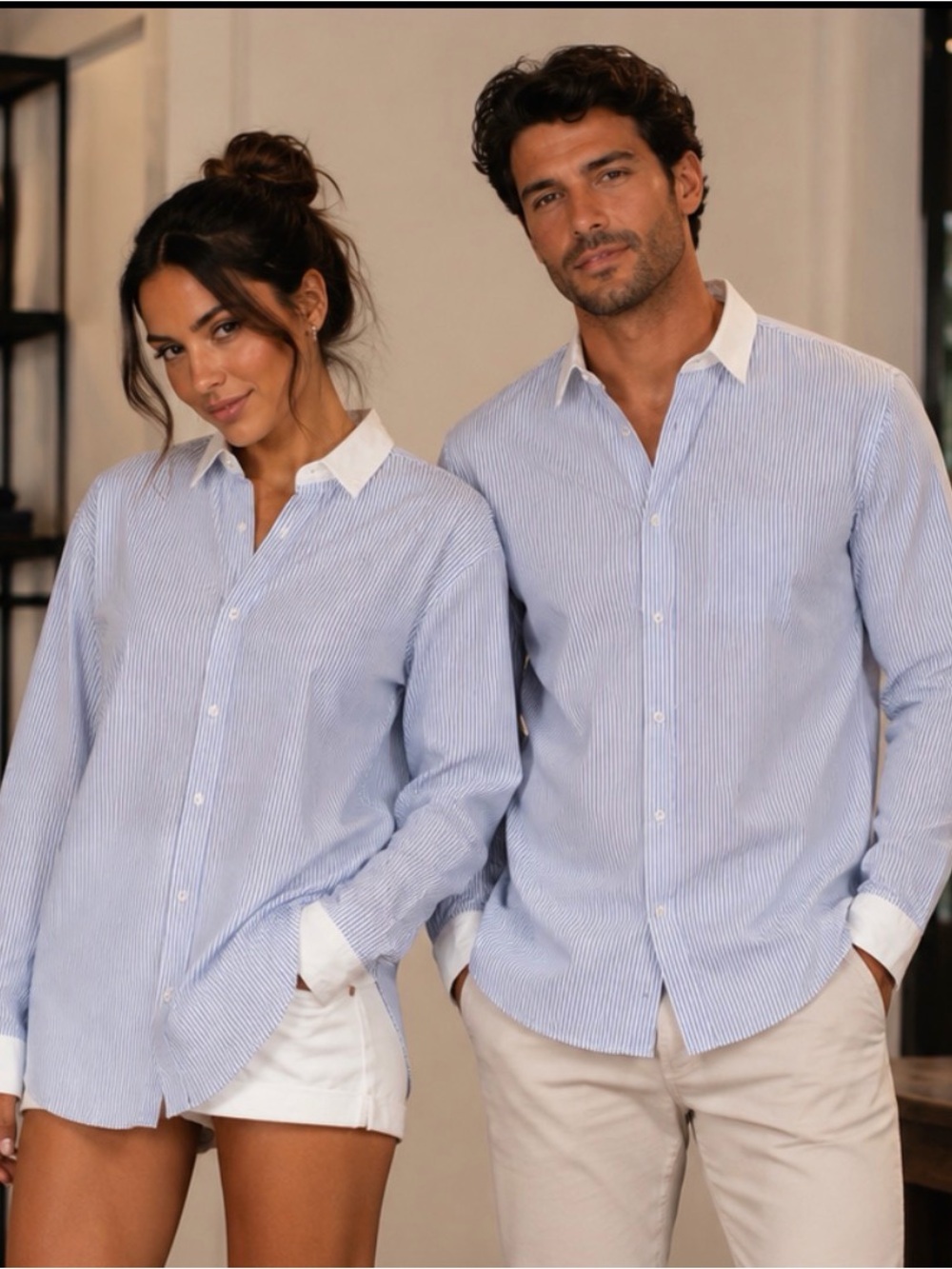 Classic Blue-White Stripe Men's Shirt with Contrast Collar